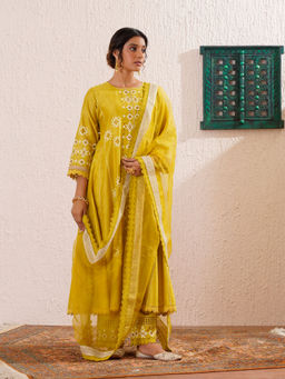 OMI - Lime Yellow Block Printed Anarkali Kurta with Slip, Pant and Dupatta (Set of 4)