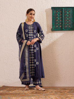 OMI - Navy Blue Block Printed Anarkali Kurta with Slip, Pant and Dupatta (Set of 4)