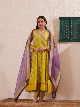 OMI - Lime Yellow Block Printed Angarkha Kurta with Pant and Dupatta (Set of 3)