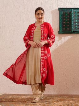 OMI - Red Block Printed Kurta with Pant and Jacket (Set of 3)