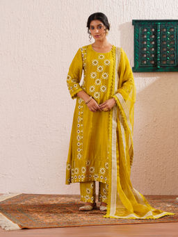 OMI - Lime Yellow Panelled Kurta with Pant and Dupatta (Set of 3)