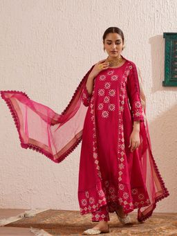 OMI - Magenta Block Printed Panelled Anarkali Kurta with Pant and Dupatta (Set of 3)