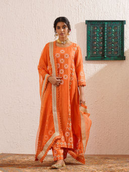 OMI - Orange Block Printed Panelled Anarkali Kurta with Pant and Dupatta (Set of 3)
