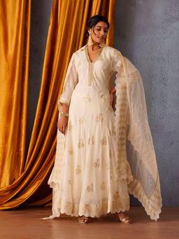 OMI - Off White Sequin Embroidered Flared Panelled Anarkali Kurta with Dupatta (Set of 2)