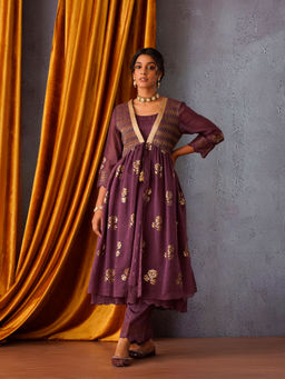 OMI - Purple Sequin Embroidered Kurta with Pant and Jacket (Set of 3)