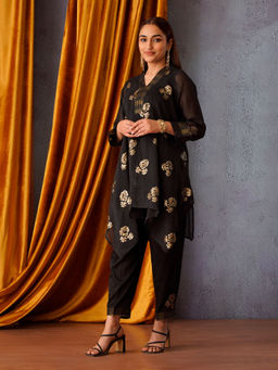 OMI - Black Sequinned V-Neck Co-Ord (Set of 3)