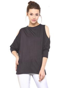 Miss Chase - Womens Black Round Neck 3/4 Sleeves Solid Shoulder Cut Out Top