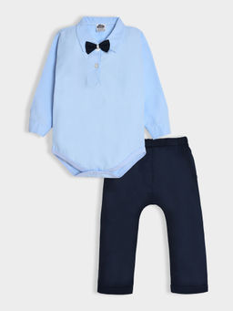 Mi Arcus - Cotton Blue Solid Romper with Trousers for Kids (Set of 2)