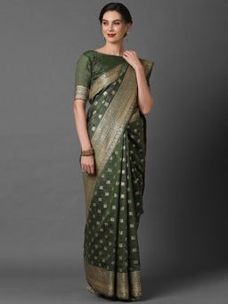 Akhilam - Green Wedding Silk Blend Woven Design Saree with Unstitched