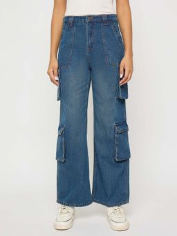 Madame - Multi Pocketed Mid Blue Cotton Denim Cargo Jeans