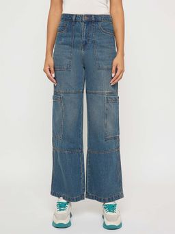Madame - Panel Detailed Tinted Blue Wide Leg Denim Cargo