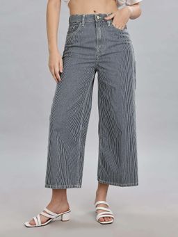 Tommy Hilfiger - Black Wide Fit Vertical-Striped High Jeans