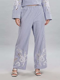 Tommy Hilfiger - Blue Loose Fit Vertical-Striped Mid Rise Pant