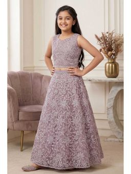 Lagorii - Girls Pink Net Embroidered Choli with Lehenga