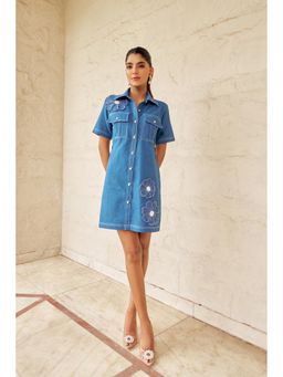 By The Bay - Womens Cotton Lycra Sequined Blue Dress