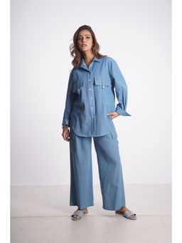 Mala Singh - Womens Cotton Solid Blue Co-Ord Set