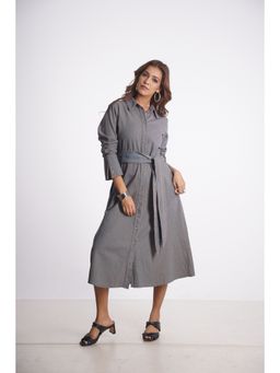 Mala Singh - Womens Cotton Solid Grey Dress with Belt