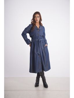 Mala Singh - Womens Cotton Solid Navy Blue Dress with Belt