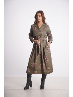 Mala Singh - Womens Cotton Floral Olive Dress with Belt