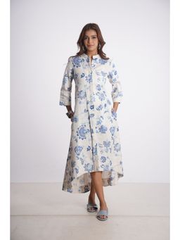 Mala Singh - Womens Linen Printed White Dress