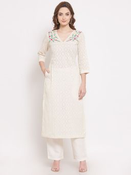 DART STUDIO - Hand Embroidered Cotton Kurta and Palazzo - White (Set of 2)