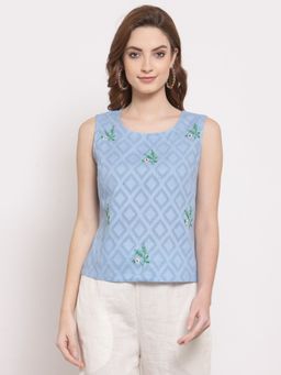 DART STUDIO - Hand Embroidered Cotton Top -Blue