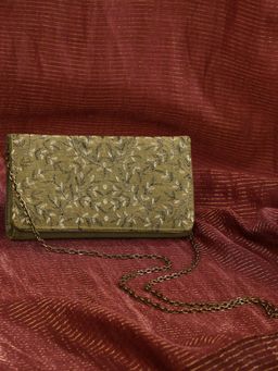 Fabindia - Green Embroidered Clutch and Detachable Chain Strap (Set of 2) (Small)