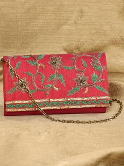 Fabindia - Pink Embroidered Clutch and Detachable Chain Strap (Medium)