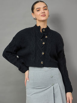 KASMA - Women's Black Mandarin Neck Cardigan