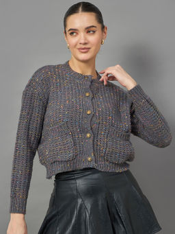KASMA - Women's Grey Round Neck Cardigan