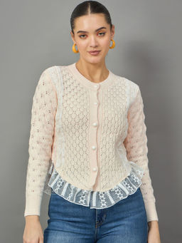 KASMA - Women's White Round Neck Cardigan