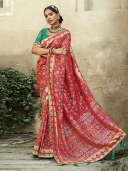 Odette - Women Red Jacquard Woven Design Saree with Unstitched Blouse