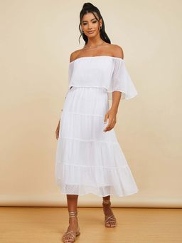 Styli - White Off Shoulder Dobby Spot Tiered Midi Dress