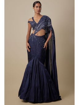 Asaga - Navy Blue Cadent Pre-Draped Saree with Stitched Blouse
