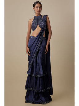 Asaga - Navy Blue Zippel Pre-Draped Saree with Stitched Blouse
