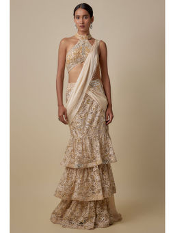 Asaga - Beige Beeline Pre-Draped Saree with Stitched Blouse