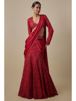 Asaga - Red Vano Pre-Draped Saree with Stitched Blouse