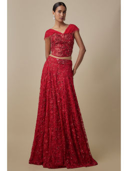 Asaga - Red Moka Lehenga With Crop Top (Set of 2)