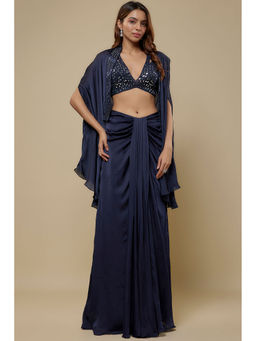 Asaga - Embroidered Navy Blue Drape Skirt With Blouse And Cape (Set of 3)