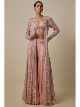 Asaga - Pink Shattuck Jacket With Bustier And Palazzo (Set of 3)