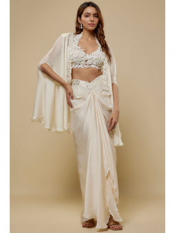 Asaga - Embroidered Ivory Drape Skirt With Blouse And Cape (Set of 3)