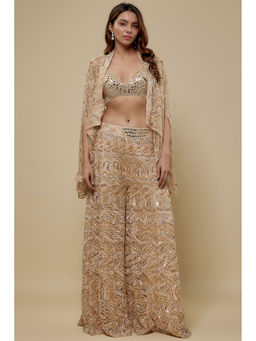 Asaga - Embroidered Beige Bustier With Palazzo And Cape (Set of 3)