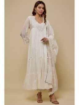 Asaga - Embroidered Ivory Mirror Work Anarkali With Pant And Dupatta (Set of 3)