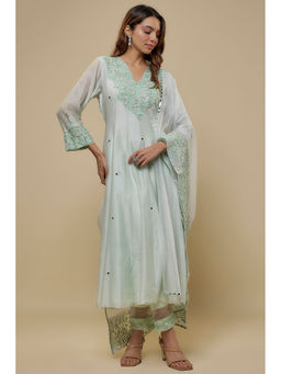 Asaga - Blue Embroidered Mint Mirror Work Anarkali With Pant And Dupatta (Set of 3)