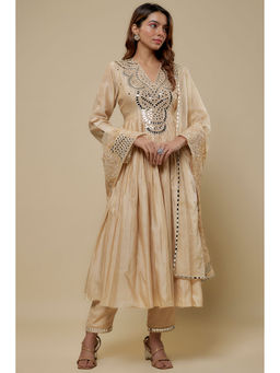 Asaga - Embroidered Beige Mirror Work Anarkali With Pant And Dupatta (Set of 3)
