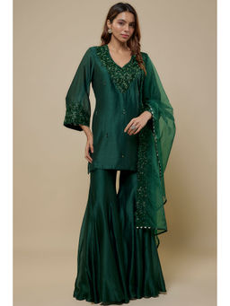 Asaga - Embroidered Green Short Kurti With Sharara And Dupatta (Set of 3)