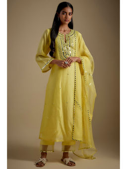 Asaga - Yellow Mirror Work Kurta With Pant And Dupatta (Set of 3)