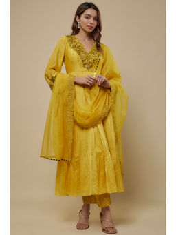 Asaga - Embroidered Yellow Anarkali With Pant And Dupatta (Set of 3)