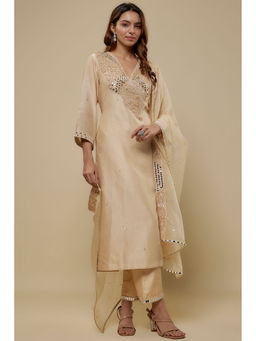 Asaga - Embroidered Beige Mirror Work Kurta With Pant And Dupatta (Set of 3)