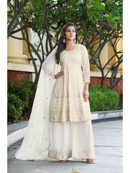 Miss Ethnik - Off White Embroidered Kurta & Palazzo With Dupatta Set